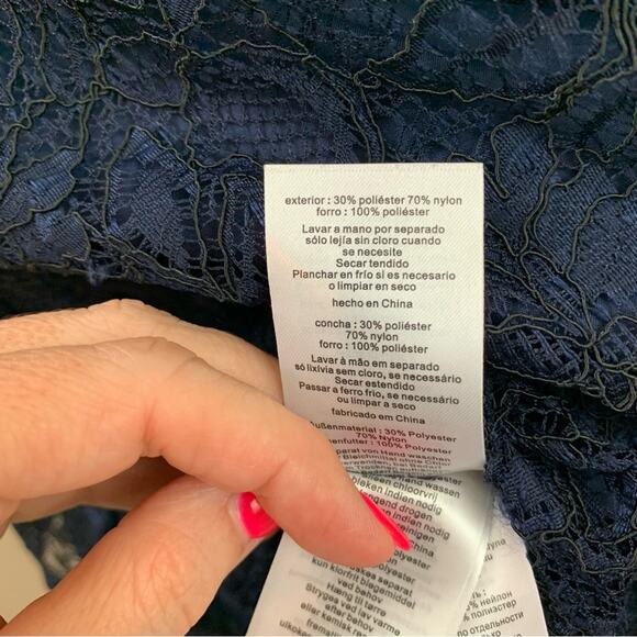 David’s Bridal Lace Elbow Sleeve All Over Contrast Marine Blue Dress - Picture 4 of 10